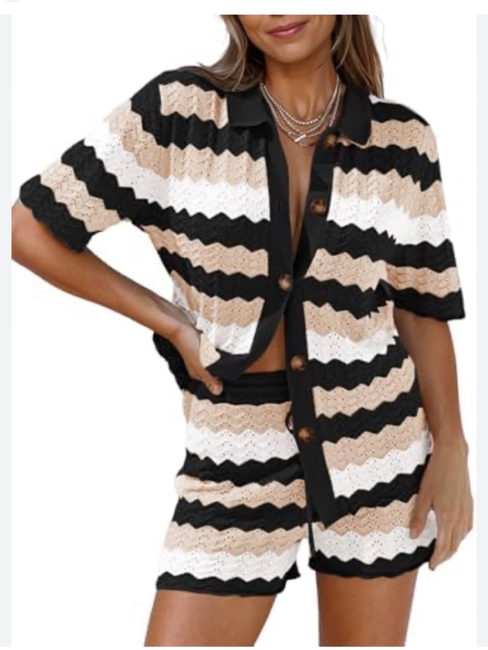 Striped Crochet Two-Piece Set in Black, White & Beige, purchased from Amazon